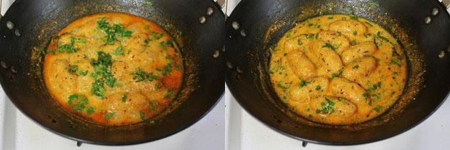 Collage of 2 images showing adding and mixing cilantro.