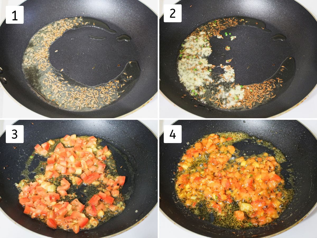 Collage of 4 images showing tempeing cumin, cooking ginger, garlic and tomato.