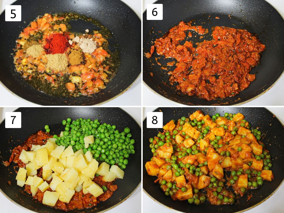 Collage of 4 images showing adding spices, potato, peas and cooking together.