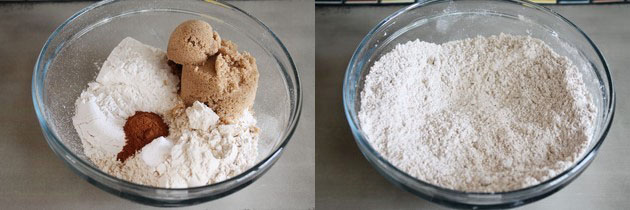 Collage of 2 images showing dry ingredients in a bowl and mixed.