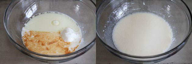 Collage of 2 images showing wet ingredients in a bowl and mixed.