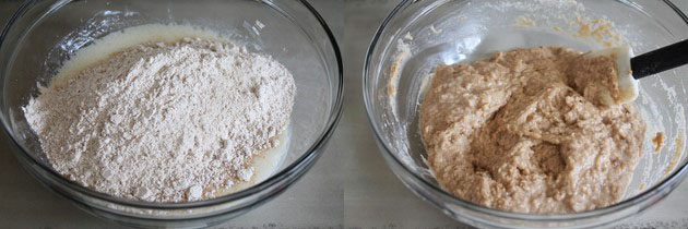 Collage of 2 images showing adding dry to wet bowl and mixed.