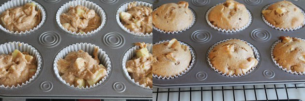 Collage of 2 images showing dividing batter into muffin tray and baked muffins.