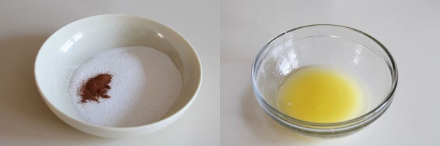 Collage of 2 images showing cinnamon sugar in a plate and melted butter in a bowl.