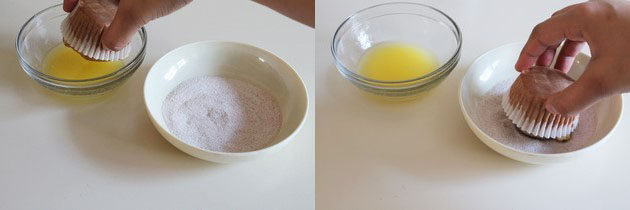 Collage of 2 images showing dipping muffin top into melted butter and then dipped into cinnamon sugar.