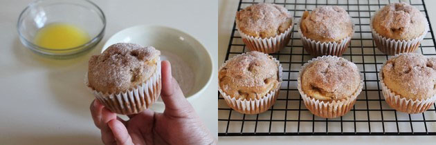 Collage of 2 images showing topped muffin and cooling on the rack.