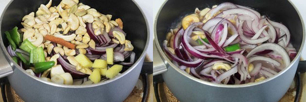 Collage of 2 images showing onion paste ingredients in a pan and mixed.
