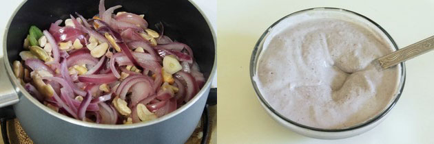 Collage of 2 images showing cooked onion mixture and paste is made.