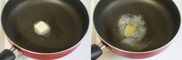 Collage of 2 images showing melting butter and adding whole spices.