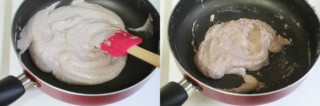 Collage of 2 images showing adding and cooking onion paste.