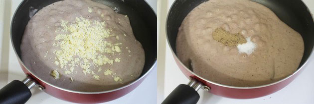 Collage of 2 images showing adding khoya and spices.