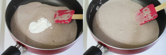 Collage of 2 images showing adding and mixing cream.