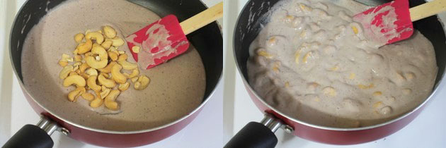 Collage of 2 images showing adding and mixing cashews.