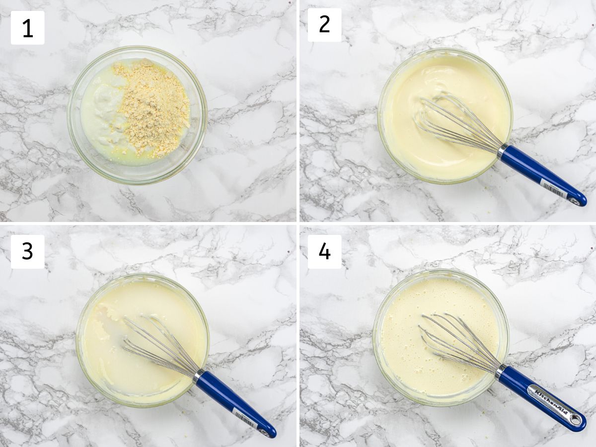 Collage of 4 images showing making lump-free besan yogurt mixture.