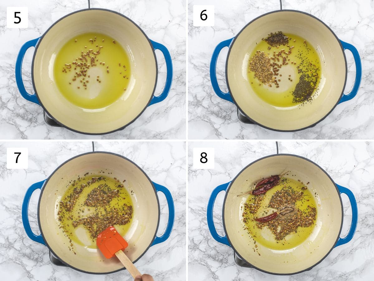 Collage of 4 images showing tempering of whole spices in mustard oil.