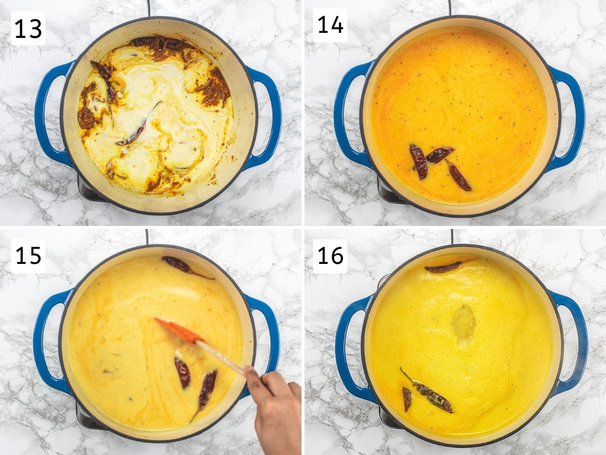 Collage of 4 images showing adding besan-yogurt mixtuer, stirring and simmering.