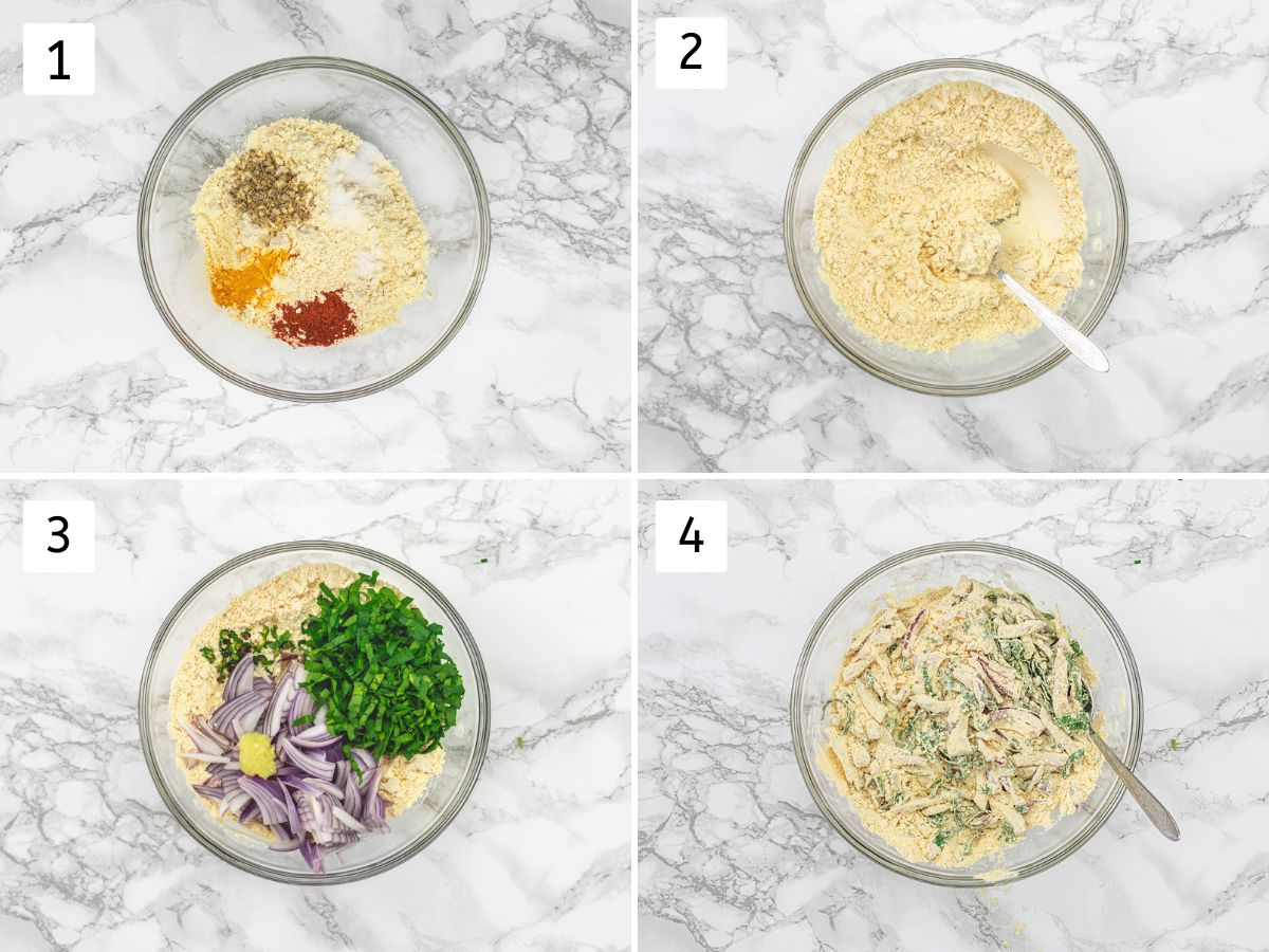 Collage of 4 images showing mixing besan, spices, onion, spinach and chilies.