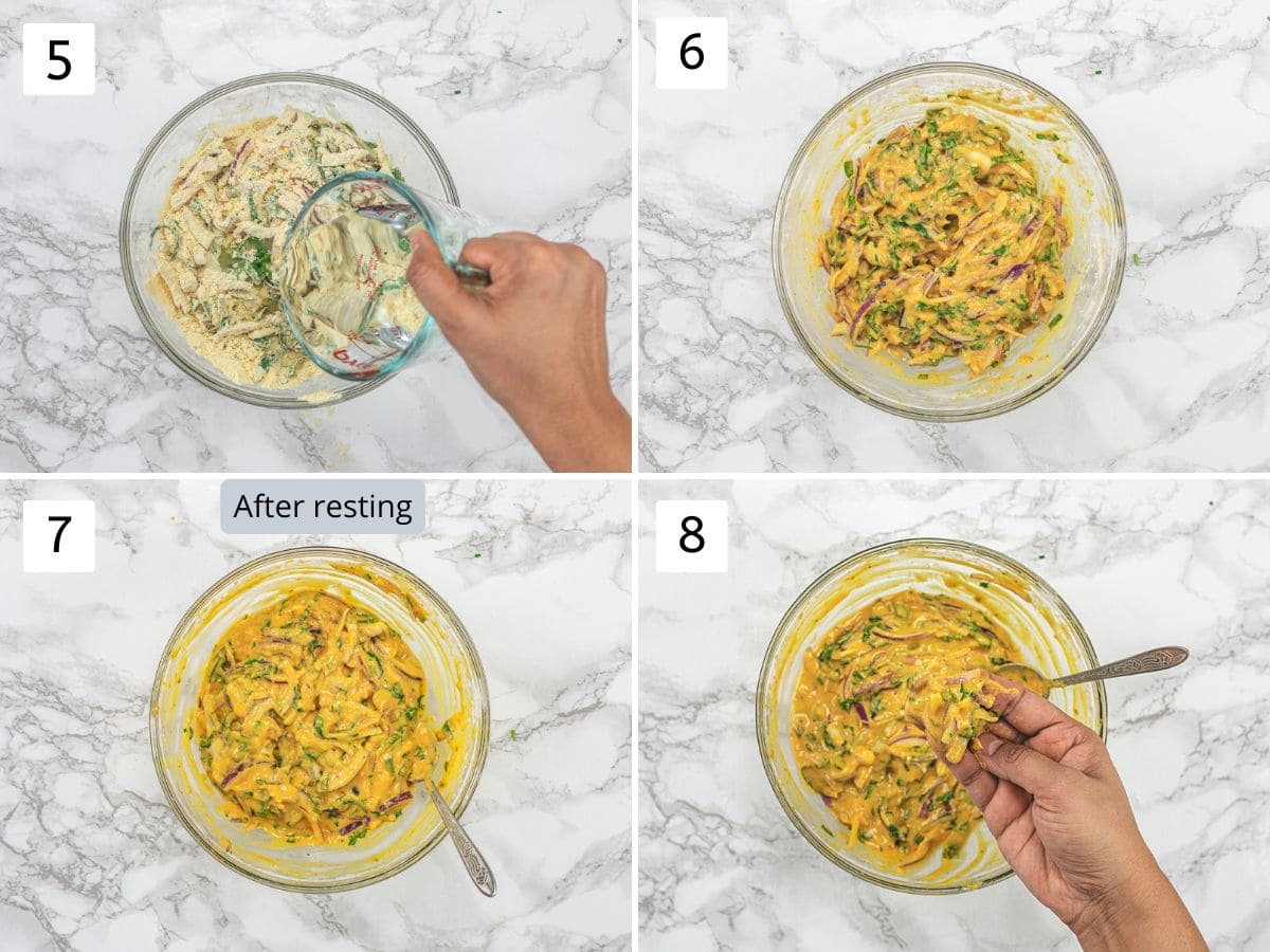 Collage of 4 images showing making thick batter by adding water.