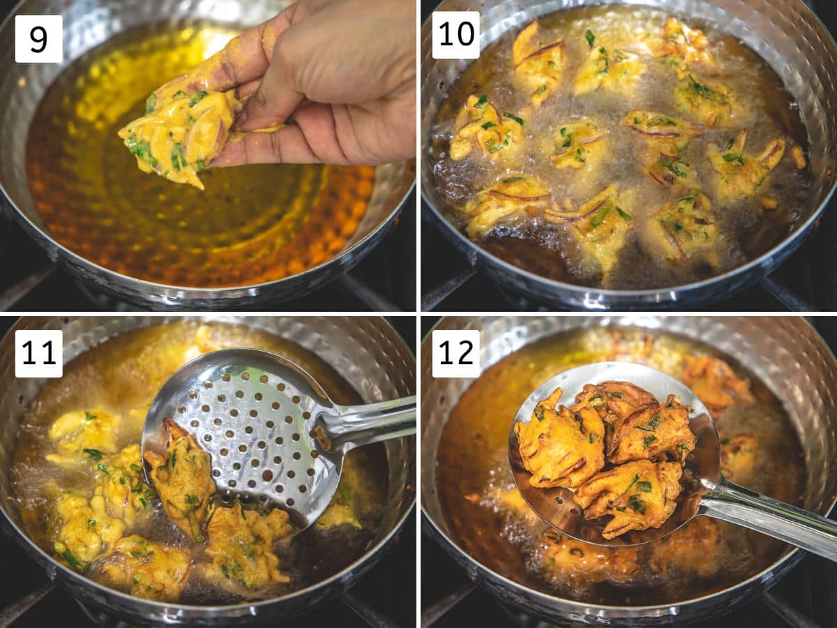 Collage of 4 images showing deep frying pakora in oil and removing using slotted spatula.