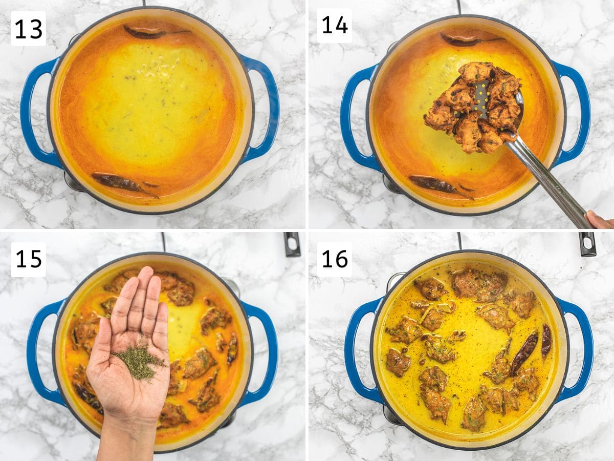 Collage of 4 images showing adding pakora to simmering kadhi, adding kasoori methi.