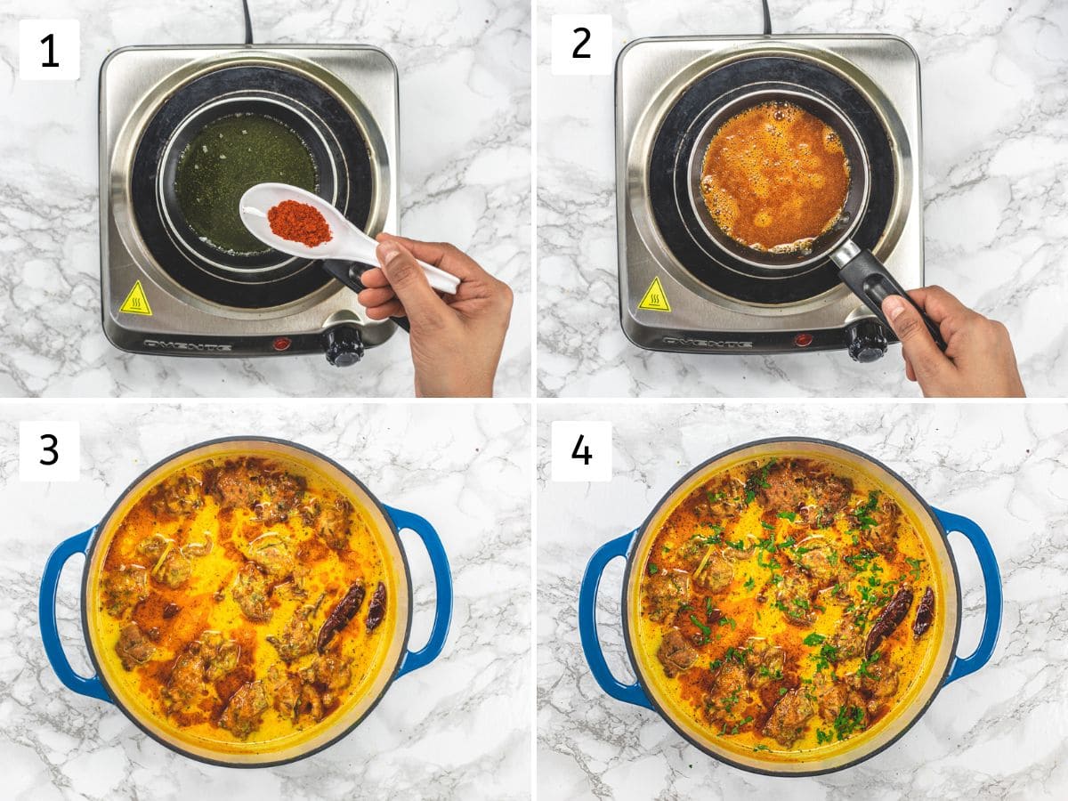 Collage of 4 images showing making ghee-tadka and adding to kadhi pakora, garnishing with cilantro.