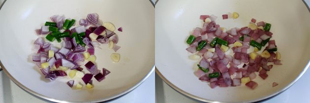 Collage of 2 images showing adding and cooking onion, ginger, garlic and green chili.