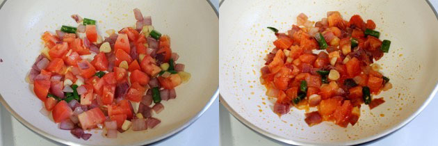 Collage of 2 images showing adding and cooking tomatoes.