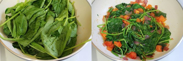 Collage of 2 images showing adding and cooking spinach.