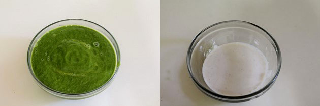 Collage of 2 images showing spinach puree and cashew paste.