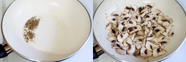 Collage of 2 images showing tempering on cumin seeds and adding mushrooms.