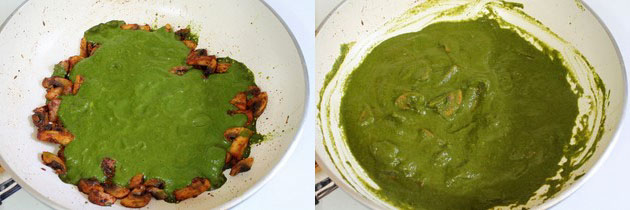 Collage of 2 images showing adding spinach paste and mixed.