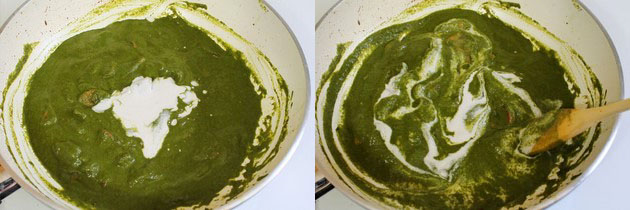 Collage of 2 images showing adding cashew paste and mixed in.