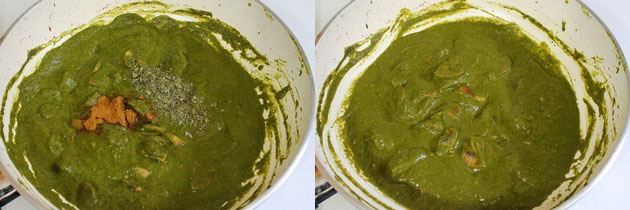 Collage of 2 images showing adding garam masala and mixed.