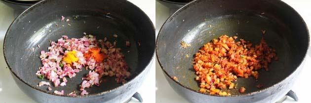 adding turmeric powder and red chili powder