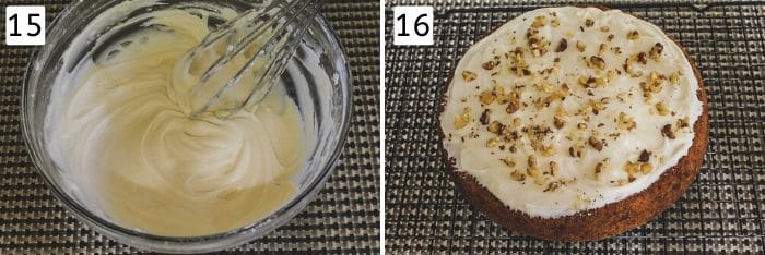 Collage of 2 images showing cream cheese frosting and decorated eggless carrot cake.