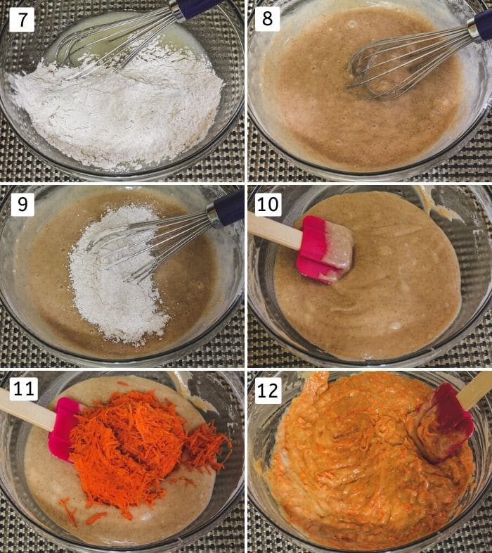 Collage of 6 images showing adding dry to wet ingredients and making cake batter.
