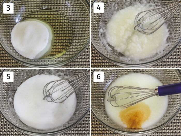 Collage of 4 images showing mixing wet ingredients.