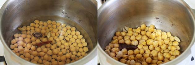 Collage of 2 images showing adding whole spices and cooked chickpeas.
