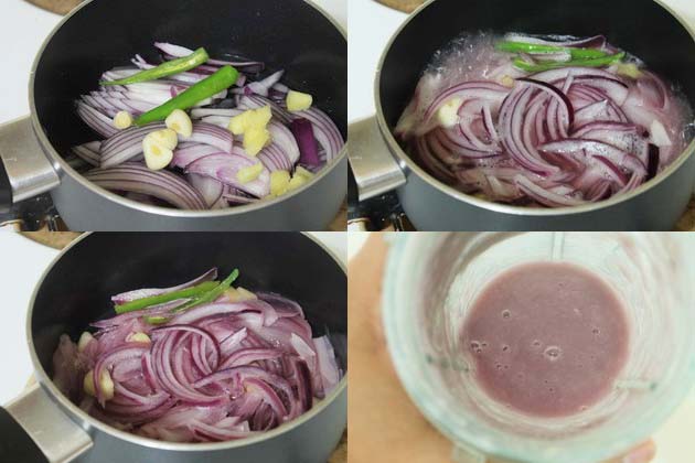 collage of cooking onions and it's paste