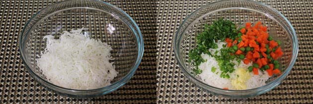 Collage of 2 images showing rice in a bowl and adding veggies and herbs.