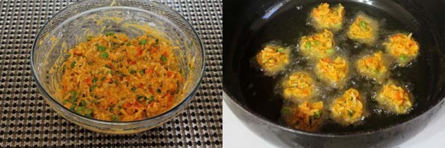 Collage of 2 images showing pakora batter in a bowl and frying pakora.