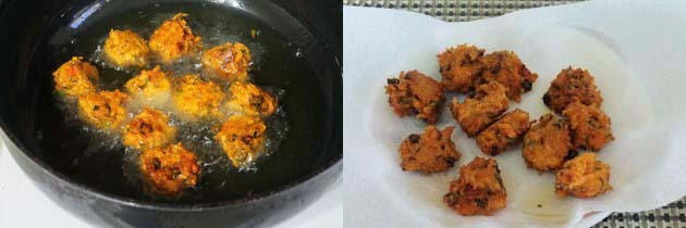 Collage of 2 images showing fried rice pakora and removed to a plate.