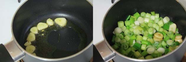 Collage of 2 images showing sauteing garlic and cooking spring onions.