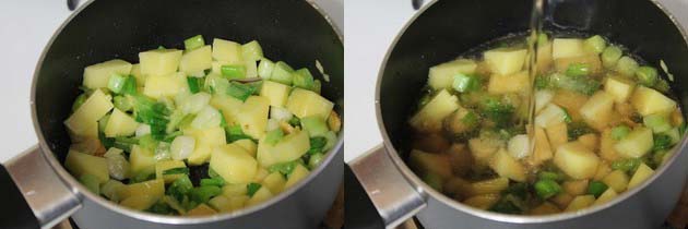 Collage of 2 images showing adding potato and vegetable stock.