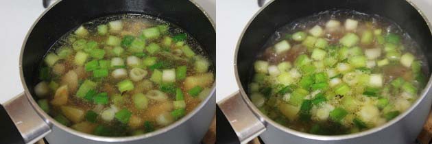 Collage of 2 images showing adding simmering the soup.