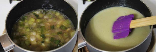 Collage of 2 images showing cooked mixture and ground into puree.