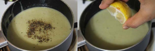 Collage of 2 images showing adding pepper and lemon juice.