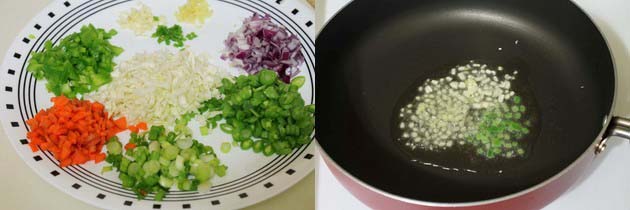 Collage of 2 images showing veggies in a plate and sauteing ginger, garlic, chili in a pan.
