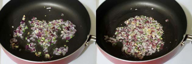 Collage of 2 images showing adding and cooking onion.