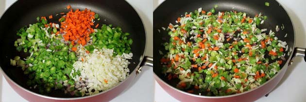Collage of 2 images showing adding and cooking veggies.